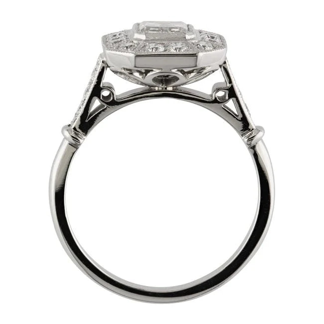 Side profile view of a vintage Art Deco emerald cut lab diamond ring highlighting the geometric openwork gallery undercage.