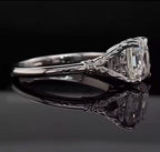 Side view showcasing the hand-engraved filigree shoulder and scrollwork basket of a 3 carat Asscher lab diamond ring.