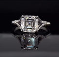 Top-down view of a 3 CT Asscher cut lab grown diamond showcasing its geometric step-cut facets and square silhouette.