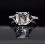Top-down view of a 3 CT Asscher cut lab grown diamond showcasing its geometric step-cut facets and square silhouette.