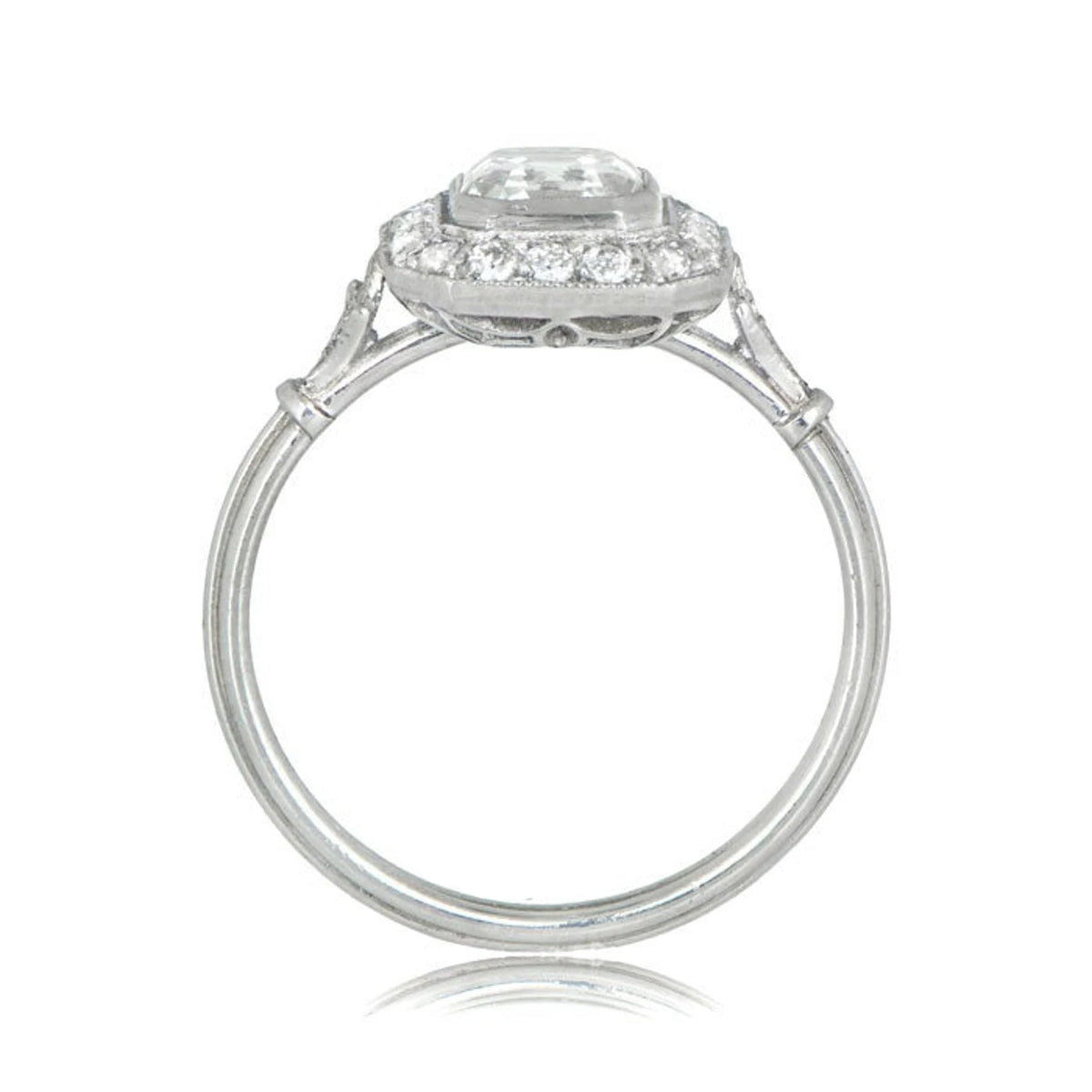 Direct profile view showing the low-profile gallery and under-halo construction of a 2ct Asscher cut lab diamond ring.