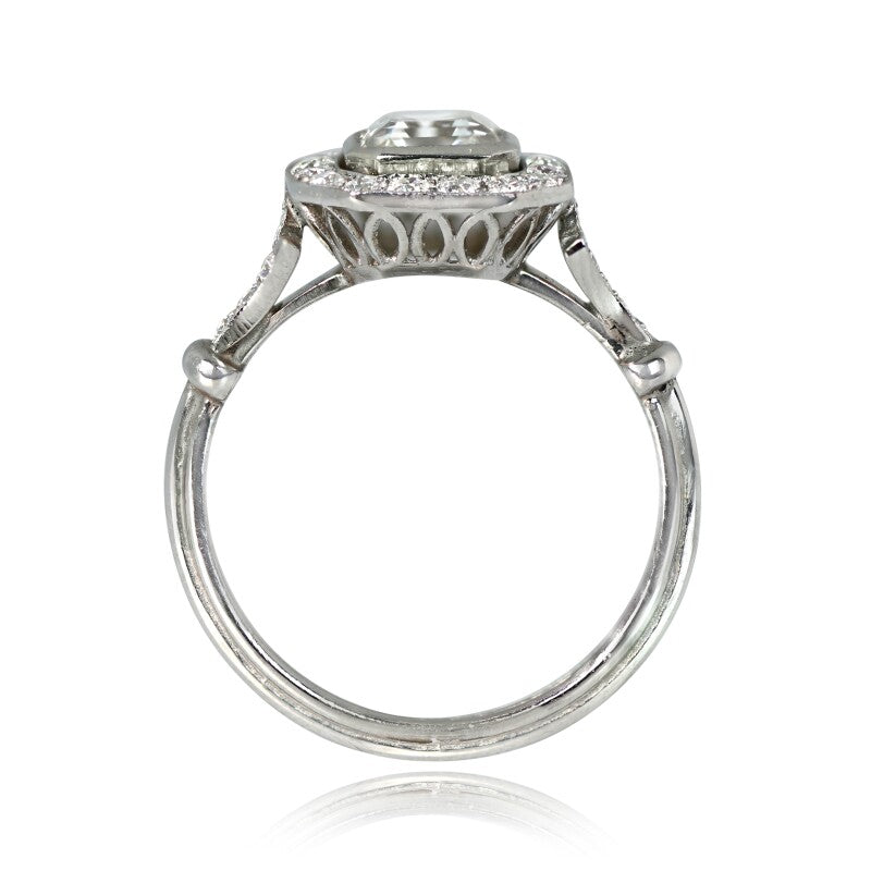 Side profile view of a 2 CT Asscher cut lab grown diamond engagement ring showcasing an intricate openwork filigree gallery and cuff details.