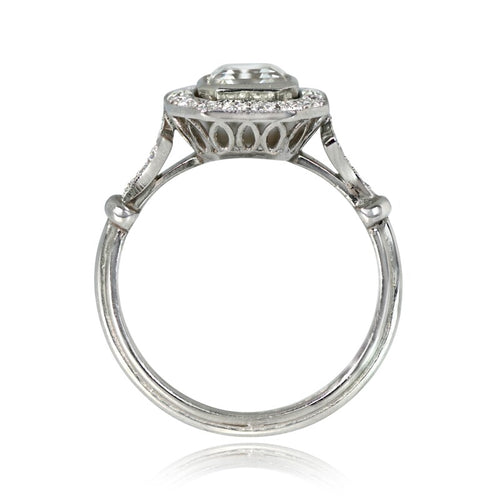 Side profile view of a 2 CT Asscher cut lab grown diamond engagement ring showcasing an intricate openwork filigree gallery and cuff details.