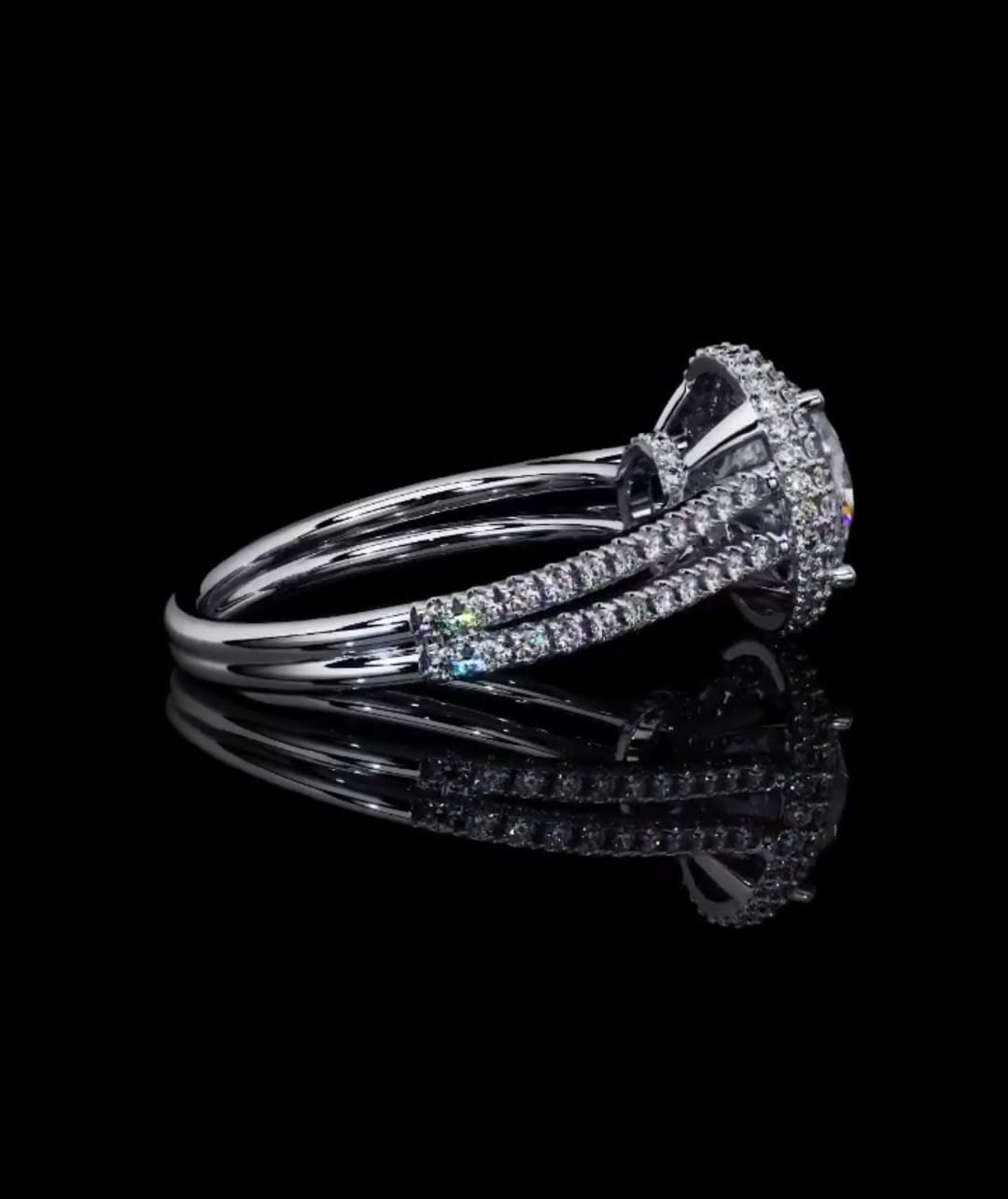 Angled side view showing the dual row pavé diamond band transitioning to a smooth white gold shank.