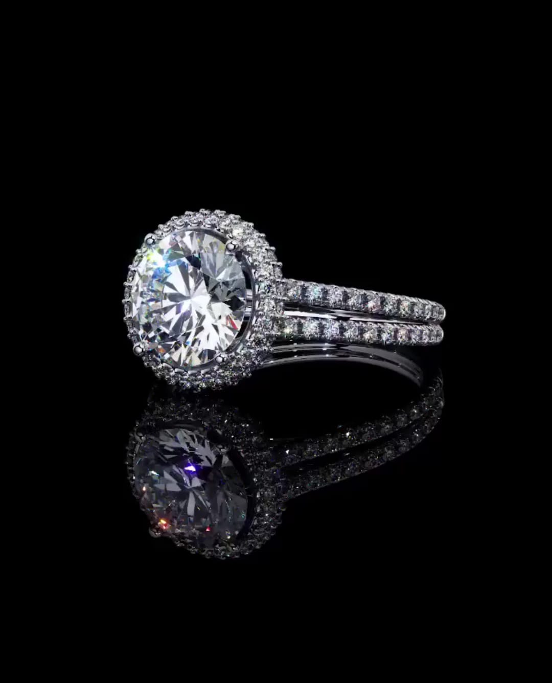 Three-quarter view of 3ct round lab grown diamond ring highlighting brilliant fire and halo detail.
