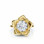 Front view render of a 3 carat round cut lab grown diamond in a yellow gold sculpted rose petal setting on a white background.
