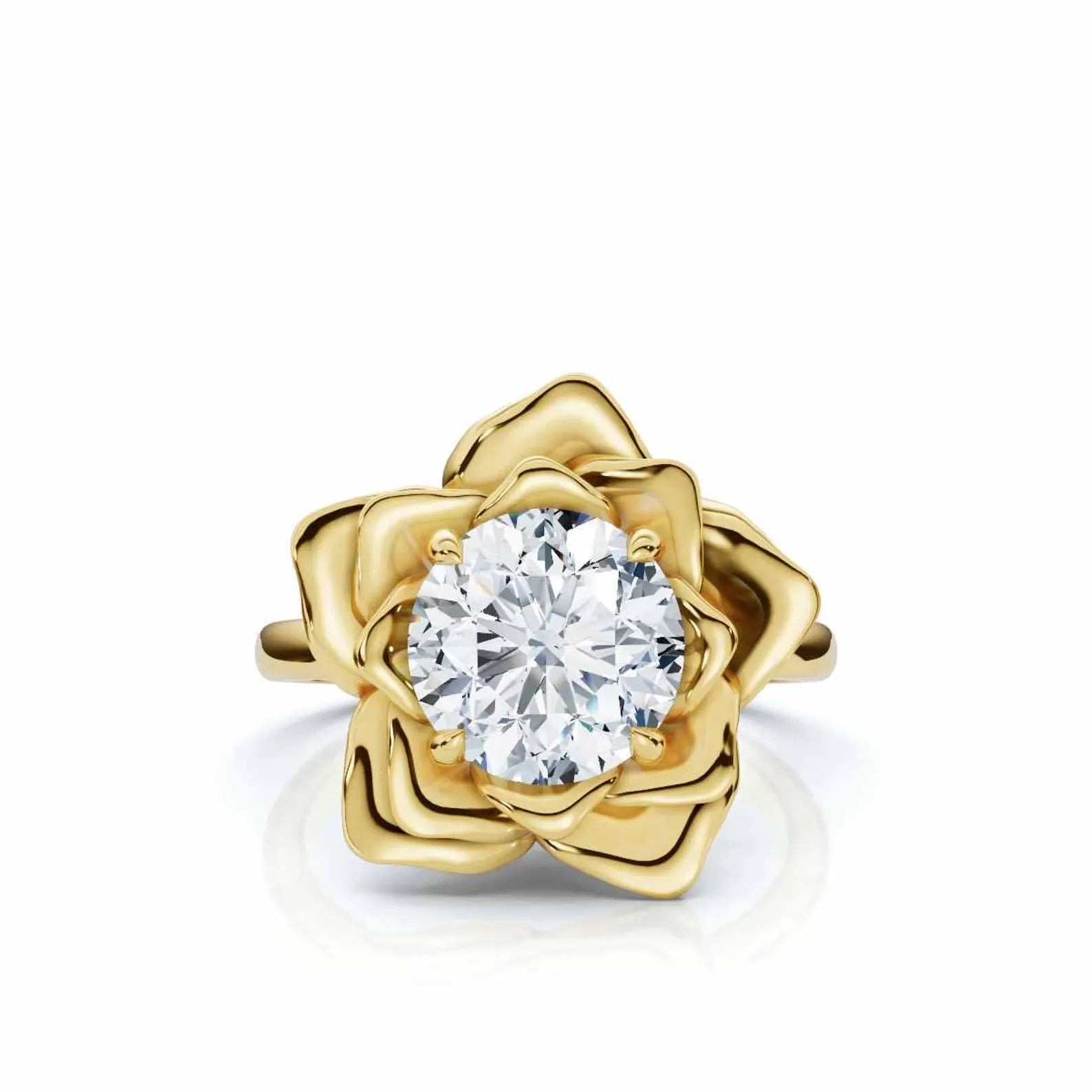 Front view render of a 3 carat round cut lab grown diamond in a yellow gold sculpted rose petal setting on a white background.