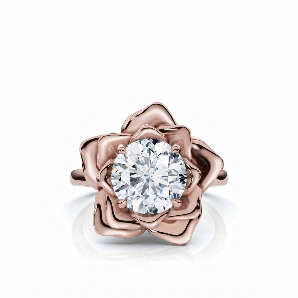Overhead view of a round brilliant cut lab grown diamond surrounded by rose gold flower petals.