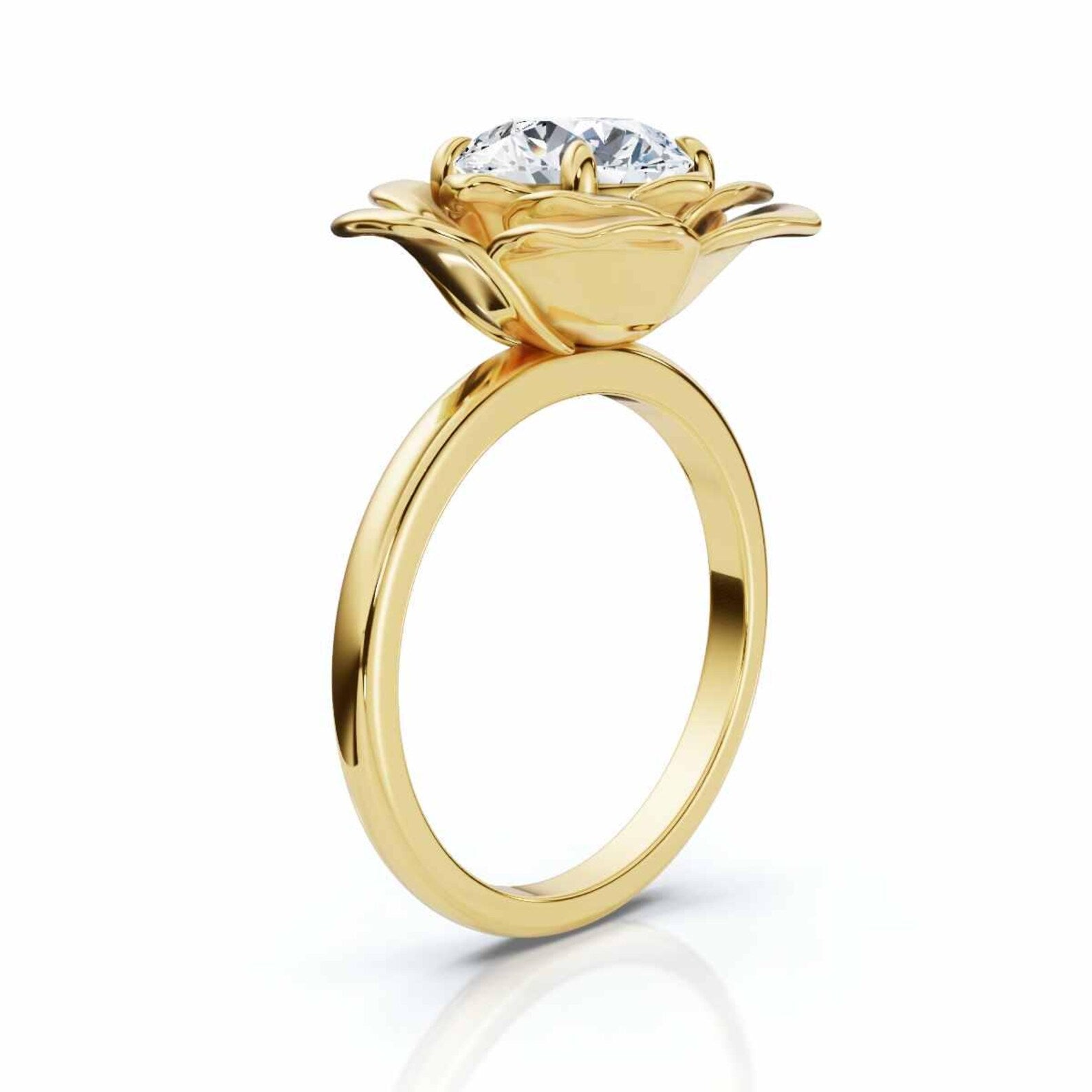 Three-quarter side angle showing the elevated yellow gold flower petals cradling a round cut lab diamond.