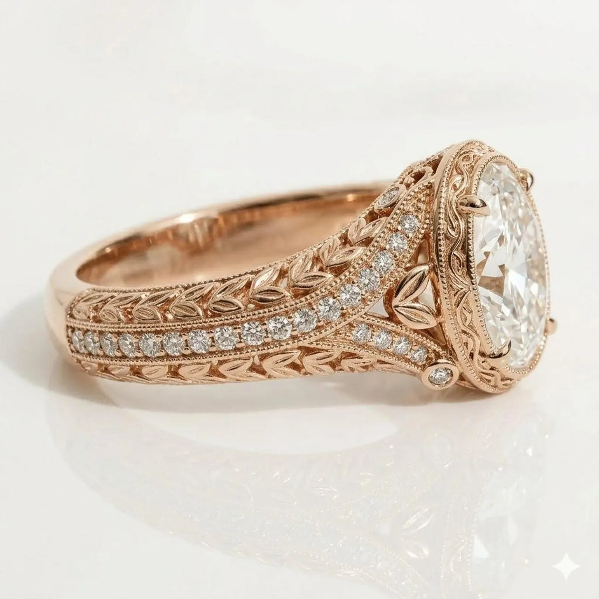 Side profile perspective showing botanical leaf carvings, pave diamond accent band, and bezel halo on a 14K rose gold vintage ring.
