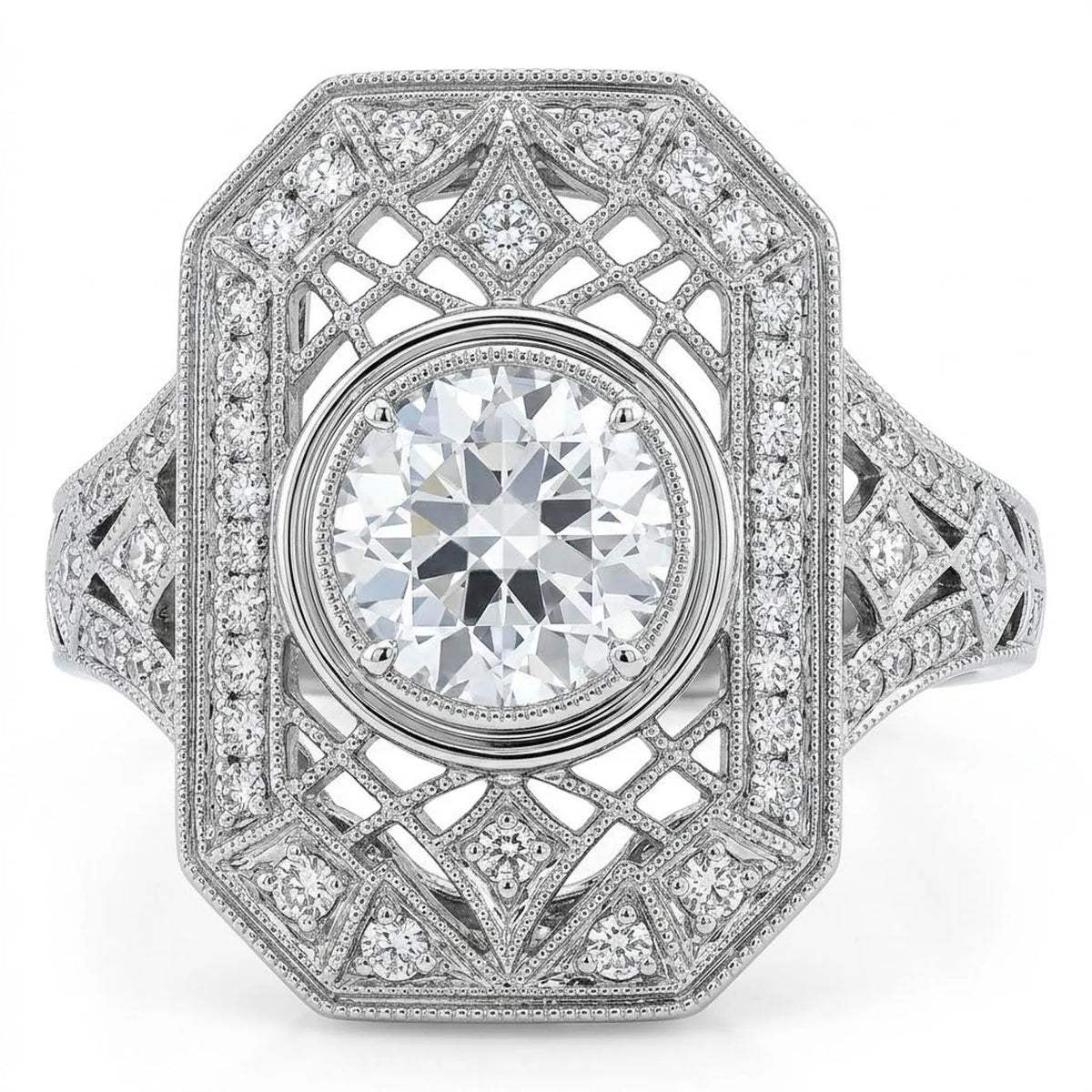 Top-down view of a 2 CT round lab grown diamond Art Deco shield ring with geometric lattice filigree and milgrain pave borders in white gold
