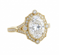 Front top-down view of a 3 CT oval cut lab grown diamond halo ring rendered in polished white gold.