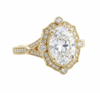 Front top-down view of a 3 CT oval cut lab grown diamond halo ring rendered in polished white gold.