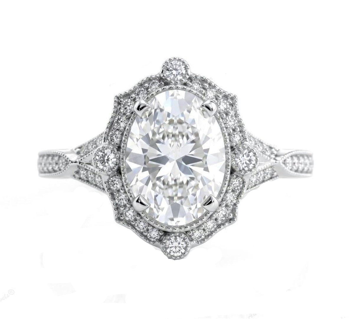 On-hand view of a 3 carat oval lab grown diamond scalloped vintage engagement ring in yellow gold.
