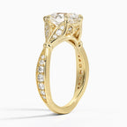 Three-quarter angle of 2 carat pear lab grown diamond engagement ring detailing the leaf-motif basket setting.
