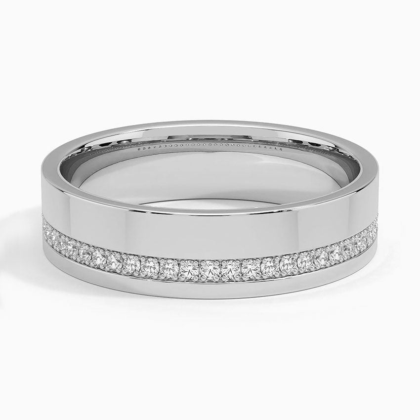Front view of polished white gold men's wedding ring showing an offset line of brilliant diamonds.