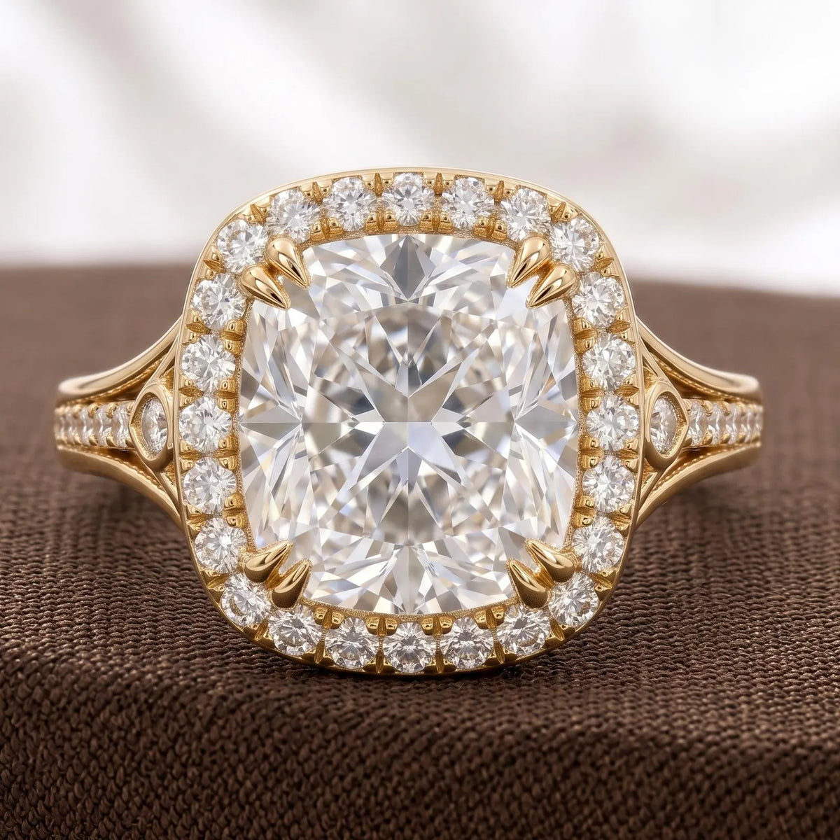 Close-up macro image highlighting the brilliant cushion cut lab diamond, double prongs, and halo accents.