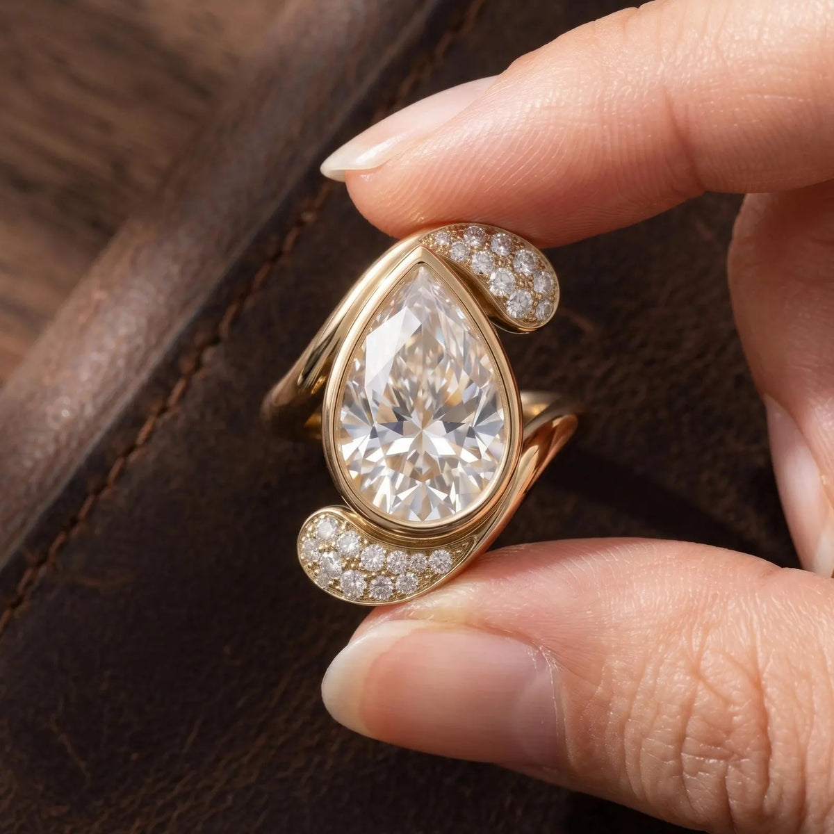 Hand holding a 3 carat pear cut lab diamond bezel ring over dark leather background.