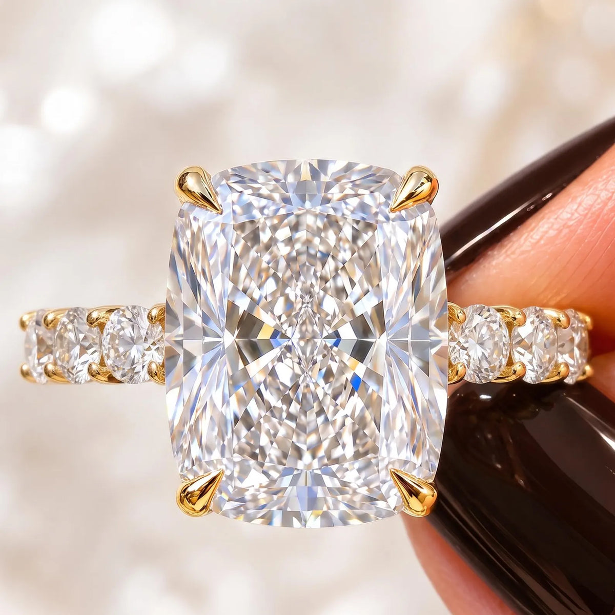 Extreme macro shot showing facet detail and fire of 4 CT elongated cushion cut lab diamond.