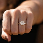 Full hand display showing finger coverage and scale of a 3 CT radiant cut lab diamond three-stone ring.
