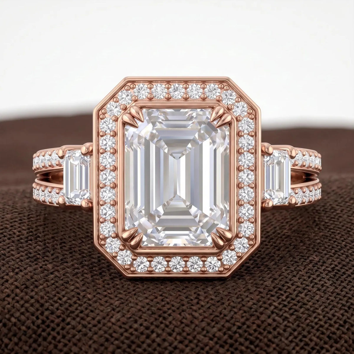 Top-down macro view of 3 carat emerald cut lab grown diamond ring with halo setting and baguette side stones in rose gold.