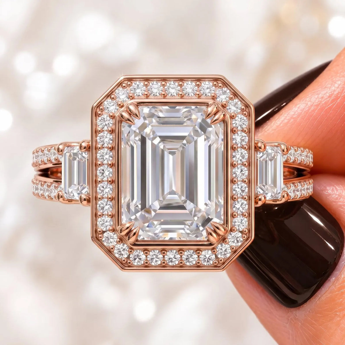 Close-up shot of rose gold 3 CT emerald cut lab grown diamond engagement ring held against a bokeh background.