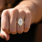 Natural light hand shot displaying the finger coverage of a 3 carat marquise lab diamond yellow gold ring.