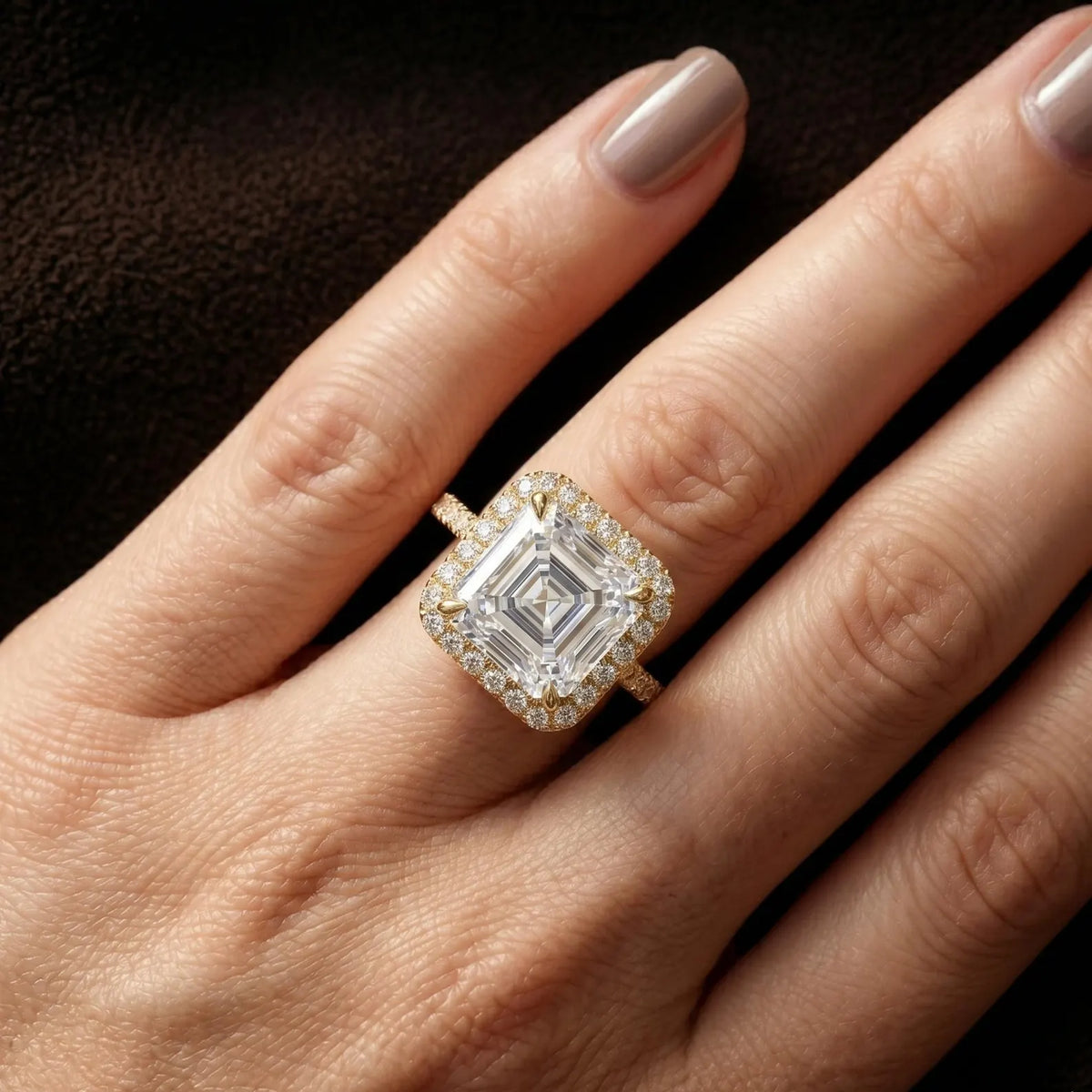 On-hand close-up view of a 3 CT Asscher cut lab-grown diamond halo engagement ring in 14K yellow gold.