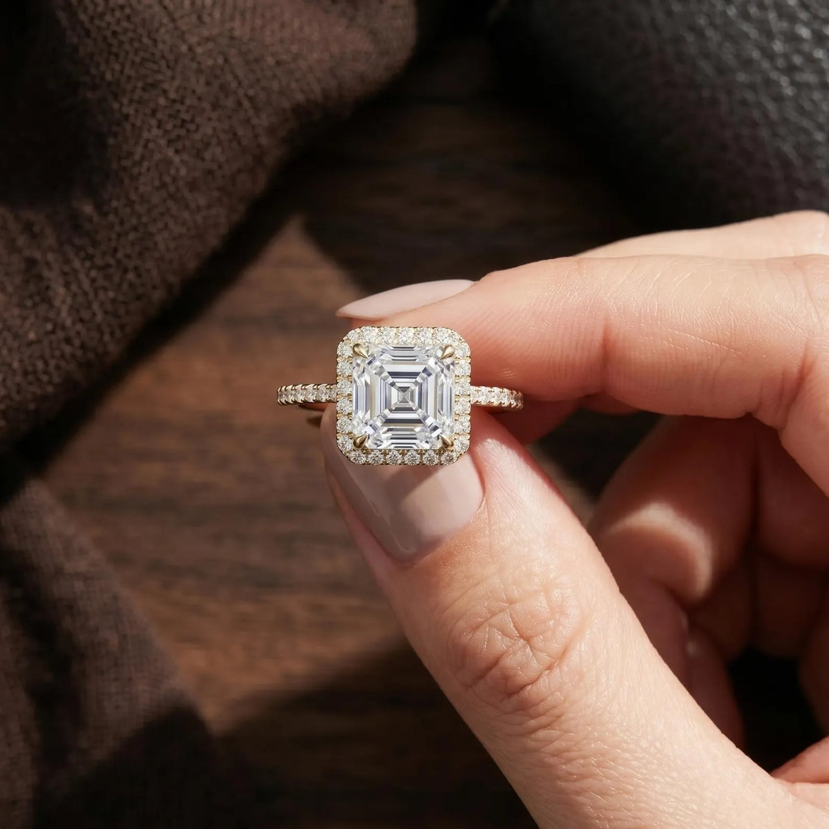 Natural light view of a 3 carat square Asscher cut halo lab diamond ring held in hand.