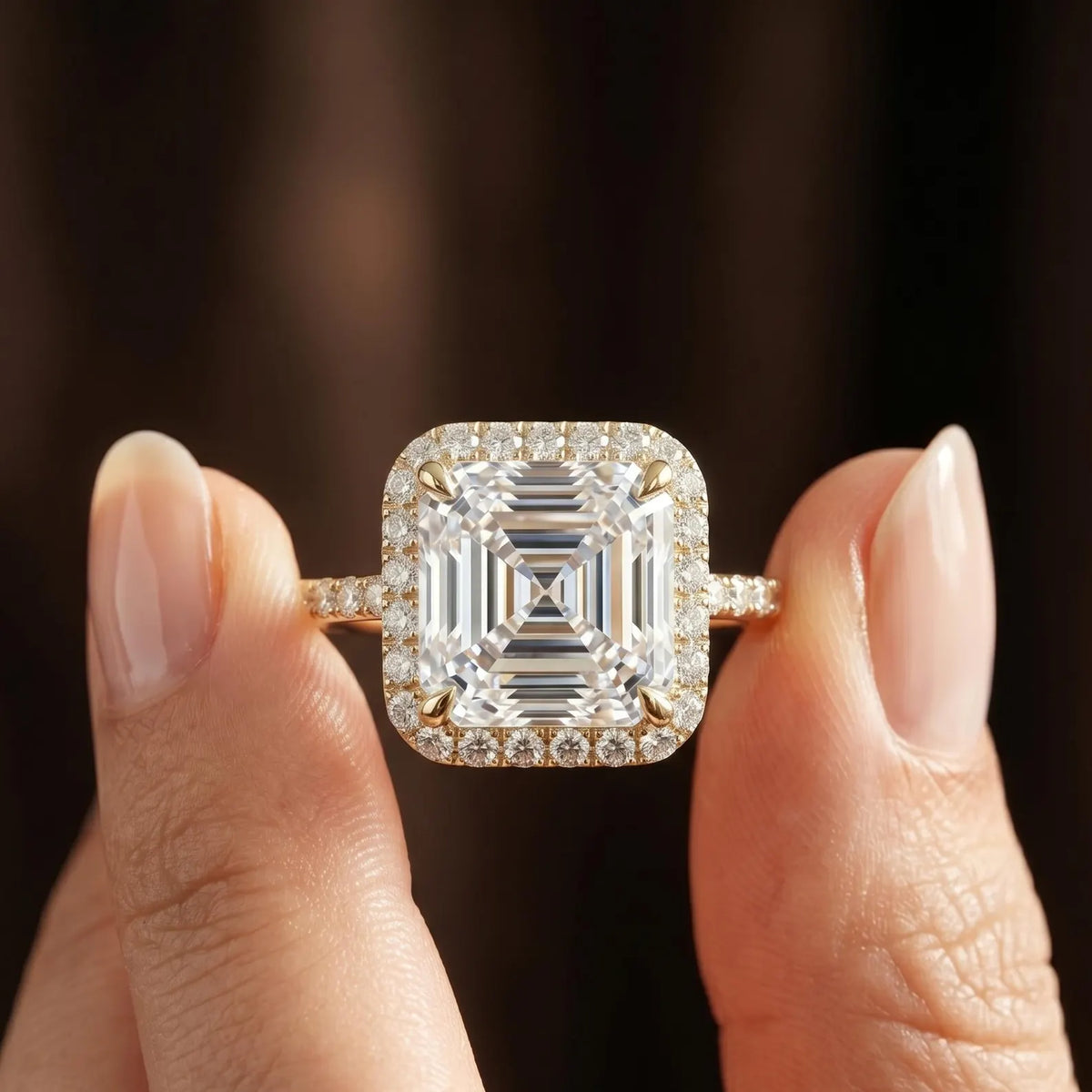High clarity view of a 3.0 CT Asscher cut lab diamond ring held between fingers showing optical symmetry.