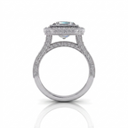 Side profile view of a 3 carat Asscher cut lab grown diamond halo engagement ring in white gold showing intricate milgrain bridge and pave band detailing.
