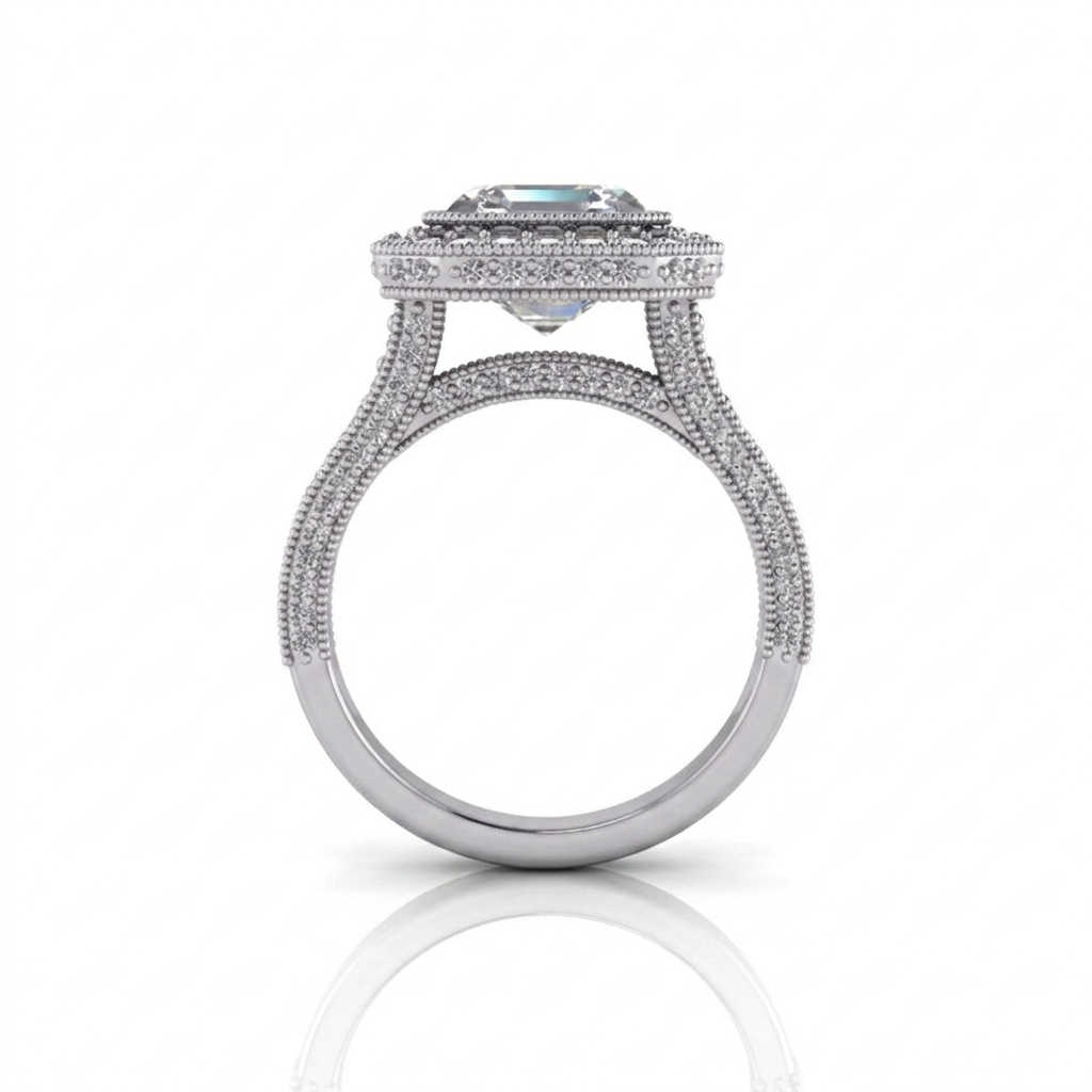 Side profile view of a 3 carat Asscher cut lab grown diamond halo engagement ring in white gold showing intricate milgrain bridge and pave band detailing.