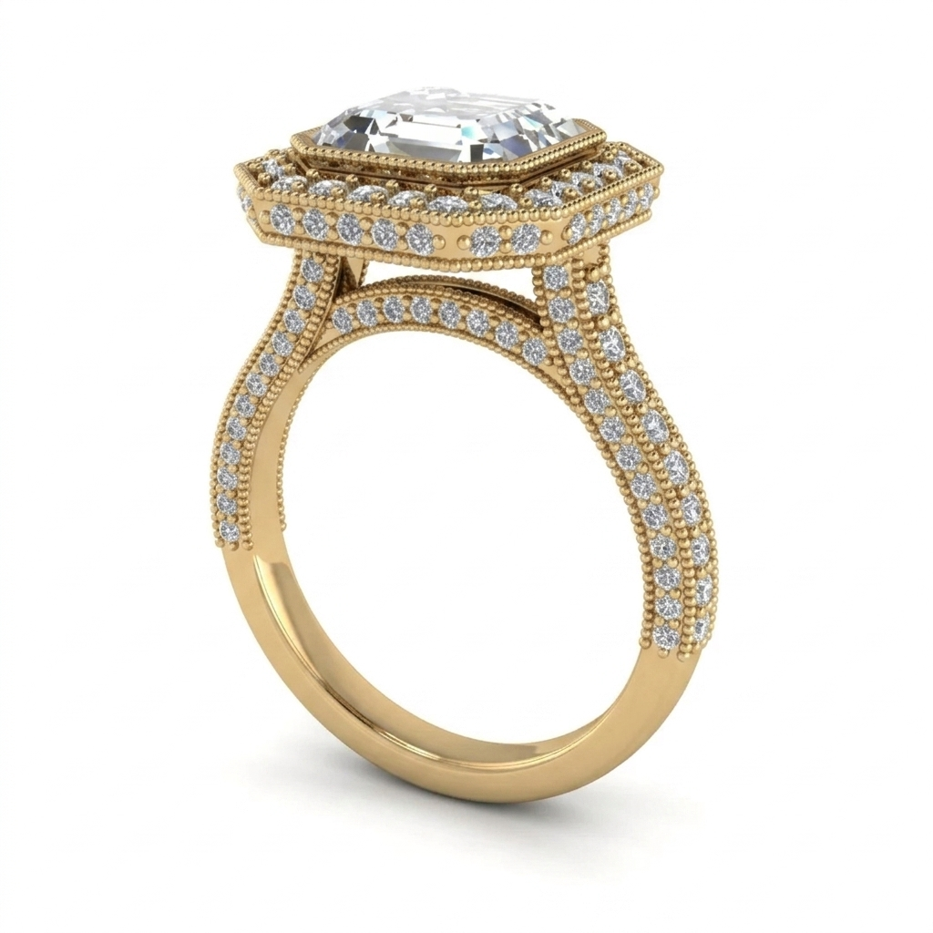 Perspective angle of a 3 CT Asscher cut lab grown diamond halo engagement ring set in 14K yellow gold with milgrain borders.