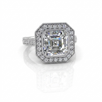 Top-down view of a 3 carat Asscher cut lab grown diamond highlighting step-cut optical symmetry and surrounding milgrain halo.
