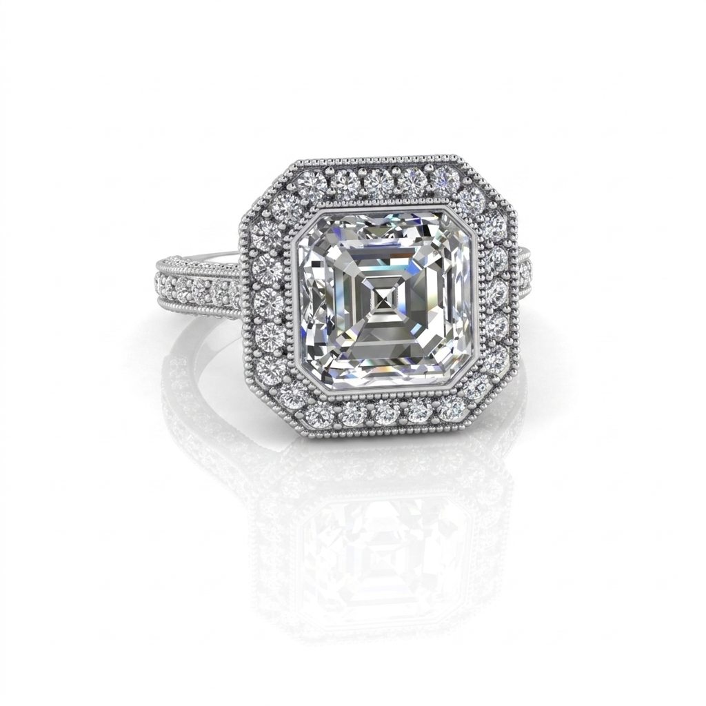 Top-down view of a 3 carat Asscher cut lab grown diamond highlighting step-cut optical symmetry and surrounding milgrain halo.