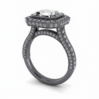 Perspective view of a 3 CT Asscher cut lab diamond engagement ring crafted in black rhodium gold with pave diamond accents.