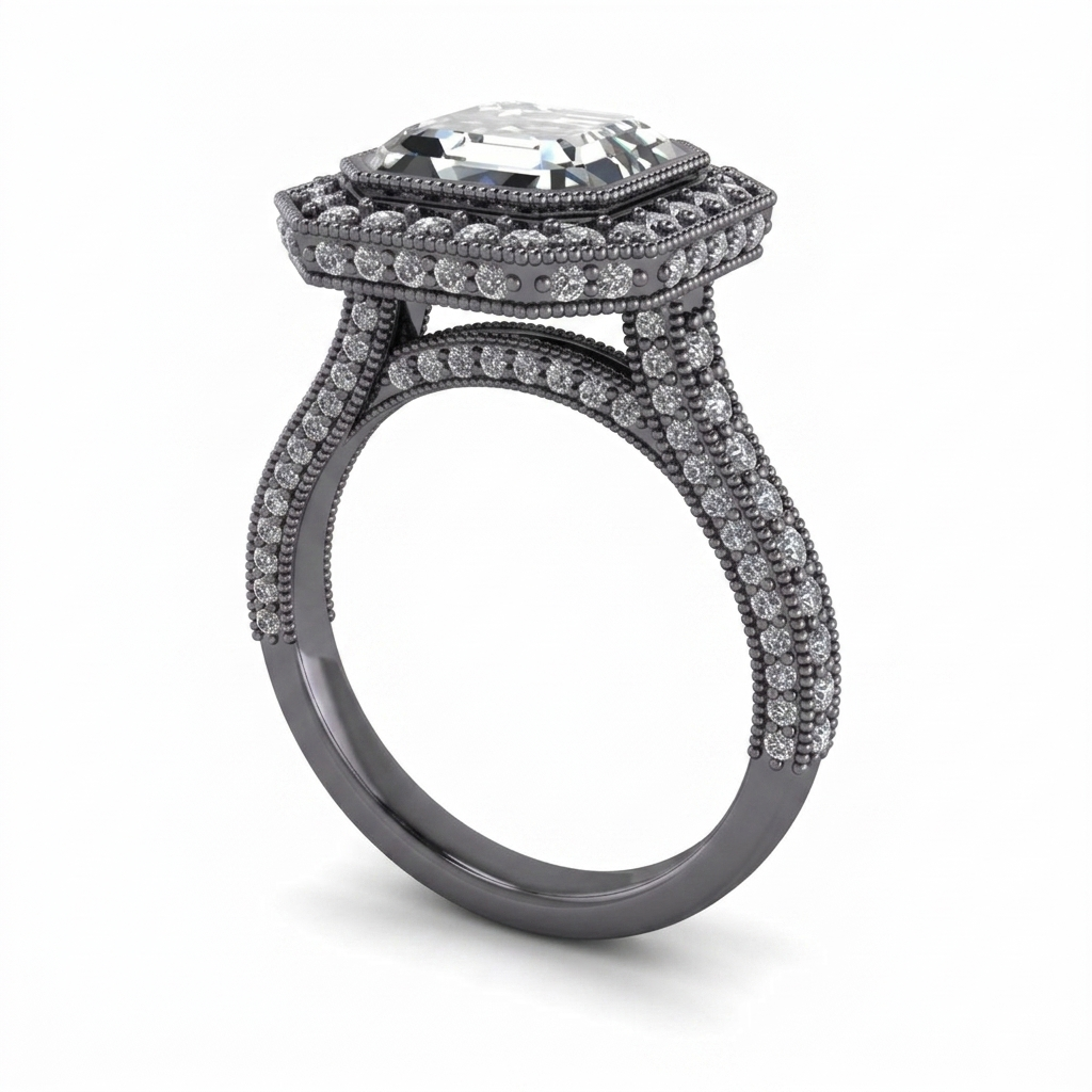Perspective view of a 3 CT Asscher cut lab diamond engagement ring crafted in black rhodium gold with pave diamond accents.
