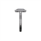 Side edge profile displaying the detailed pave-set diamond accent band and milgrain trimming on an Asscher cut ring setting.