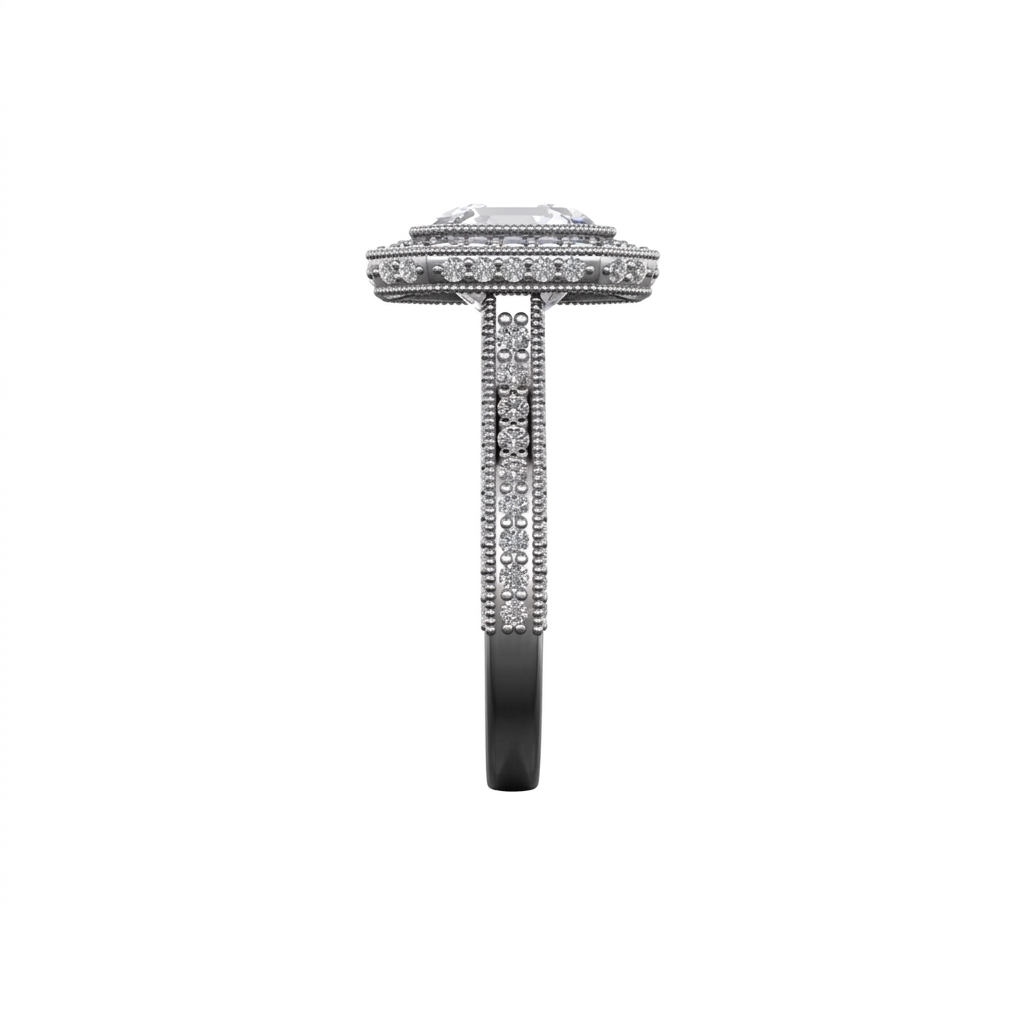 Side edge profile displaying the detailed pave-set diamond accent band and milgrain trimming on an Asscher cut ring setting.