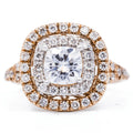 Top view of a 2 CT cushion cut lab grown diamond engagement ring with two-tone double halo and split shank band.