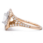 Side profile showing the diamond pave split shank and raised double halo setting of a cushion lab diamond ring.