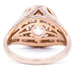 Bottom gallery view highlighting the openwork gold framework of an oval lab created diamond ring.