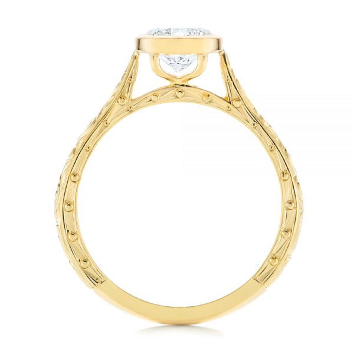 High-definition side profile of bezel-set round diamond ring with cathedral basket gallery.