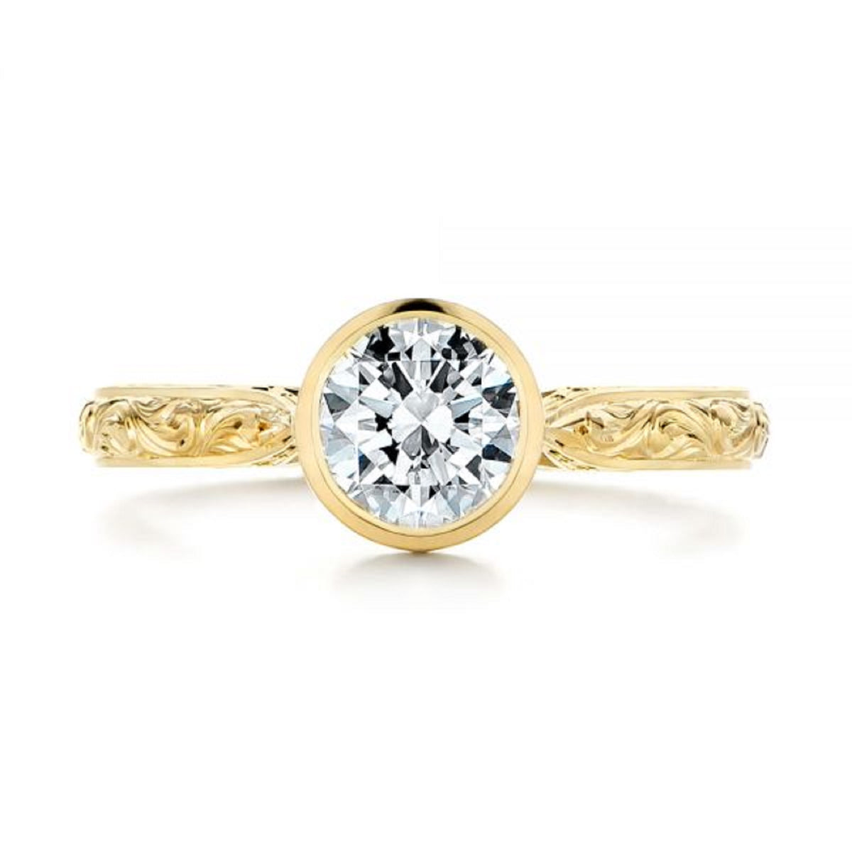 Direct top view of 2 CT round cut sparkling lab created diamond in a protective gold bezel frame.