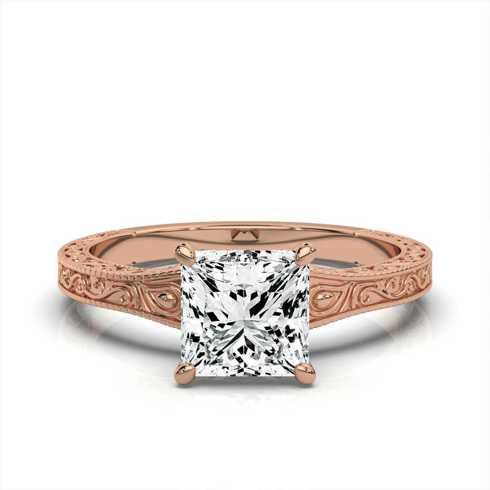 Front view of 2 CT princess cut lab grown diamond solitaire engagement ring in rose gold with vintage filigree band.