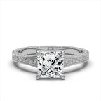 Front view of 2 carat princess cut lab grown diamond ring in white gold with antique filigree band detailing.