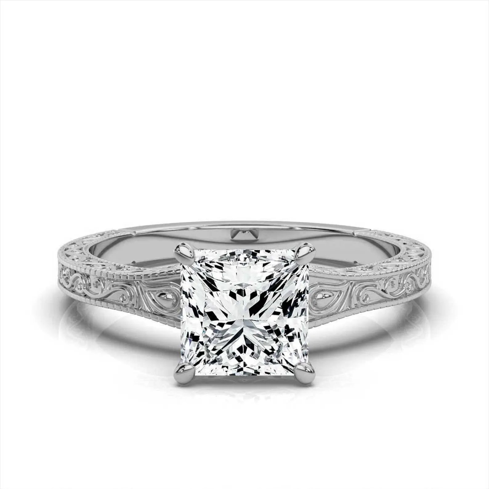 Front view of 2 carat princess cut lab grown diamond ring in white gold with antique filigree band detailing.
