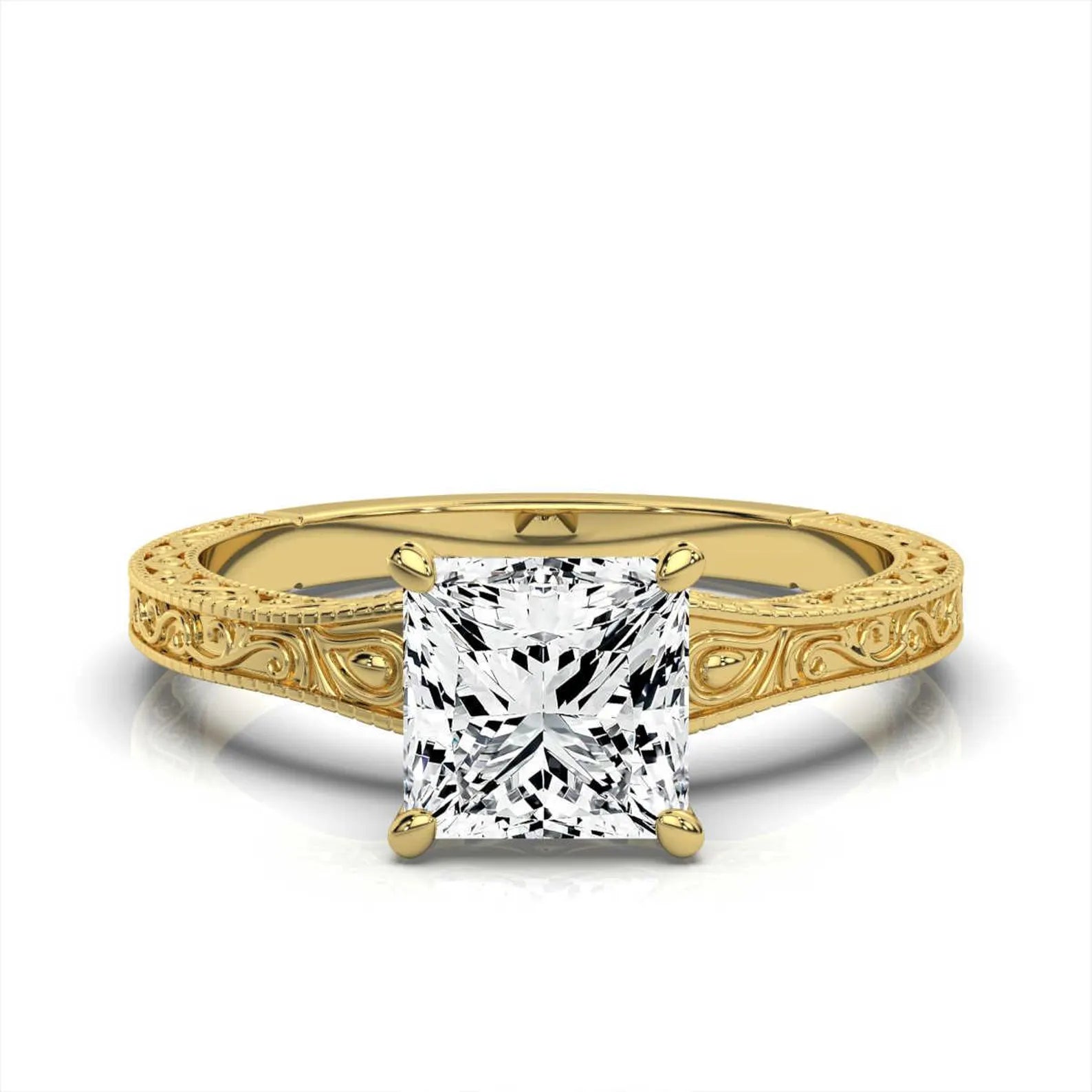 Front view of 2ct princess cut lab grown diamond solitaire engagement ring set in classic yellow gold