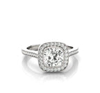 Front view of a 3 CT cushion cut lab grown diamond engagement ring with a vintage milgrain halo setting in white gold.