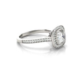 Angled view showcasing the cushion cut lab diamond center stone and milgrain-bordered pavé diamond band.